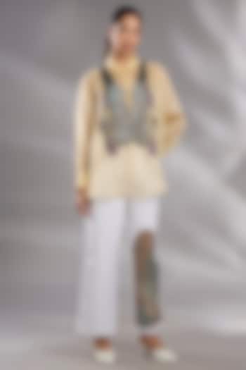 Butter Yellow Silk Organza Sequin Embellished Shirt by GRAINE at Pernia's Pop Up Shop