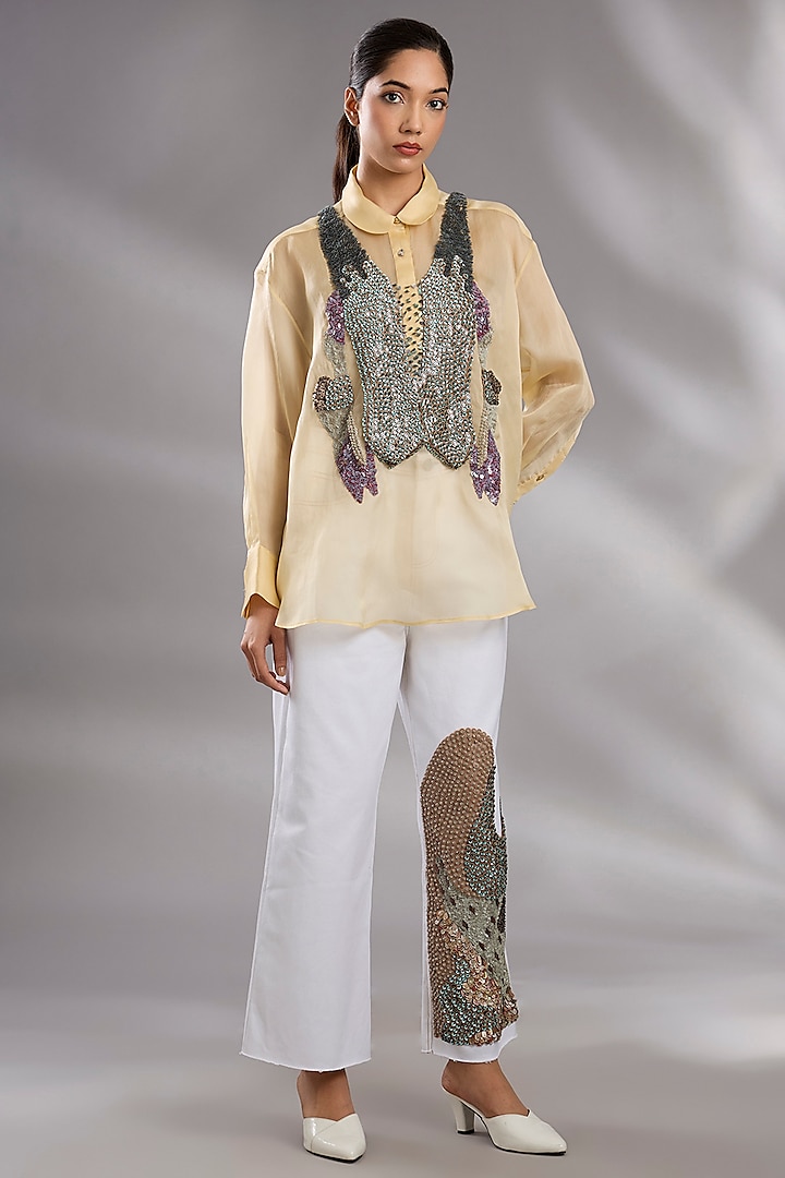 Butter Yellow Silk Organza Sequin Embellished Shirt by GRAINE at Pernia's Pop Up Shop