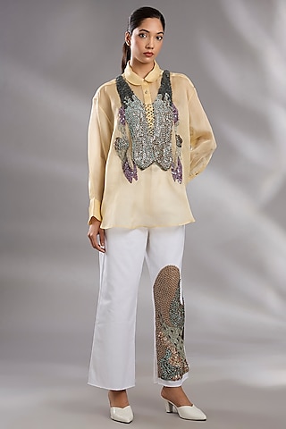 Butter Yellow Silk Organza Sequin Embellished Shirt by GRAINE