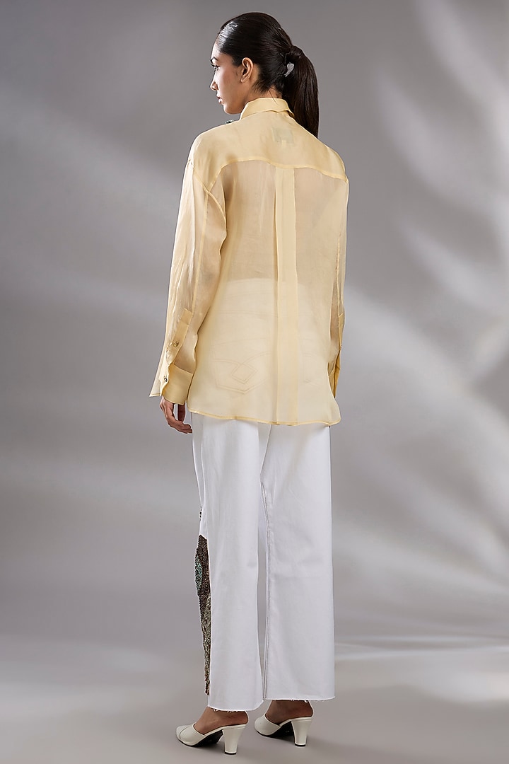 Butter Yellow Silk Organza Sequin Embellished Shirt by GRAINE at Pernia's Pop Up Shop