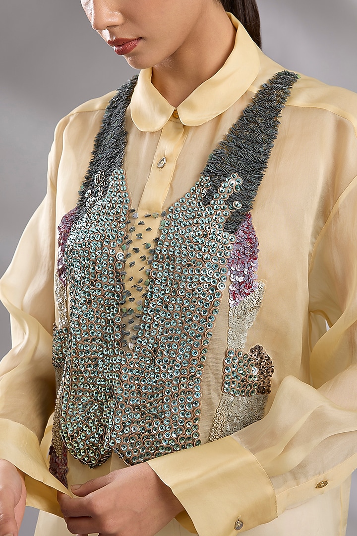 Butter Yellow Silk Organza Sequin Embellished Shirt by GRAINE at Pernia's Pop Up Shop