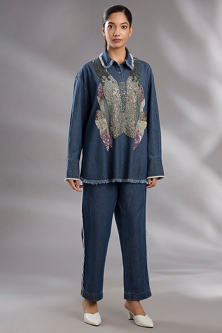 Blue Denim Sequin Embellished Shirt by GRAINE at Pernia's Pop Up Shop