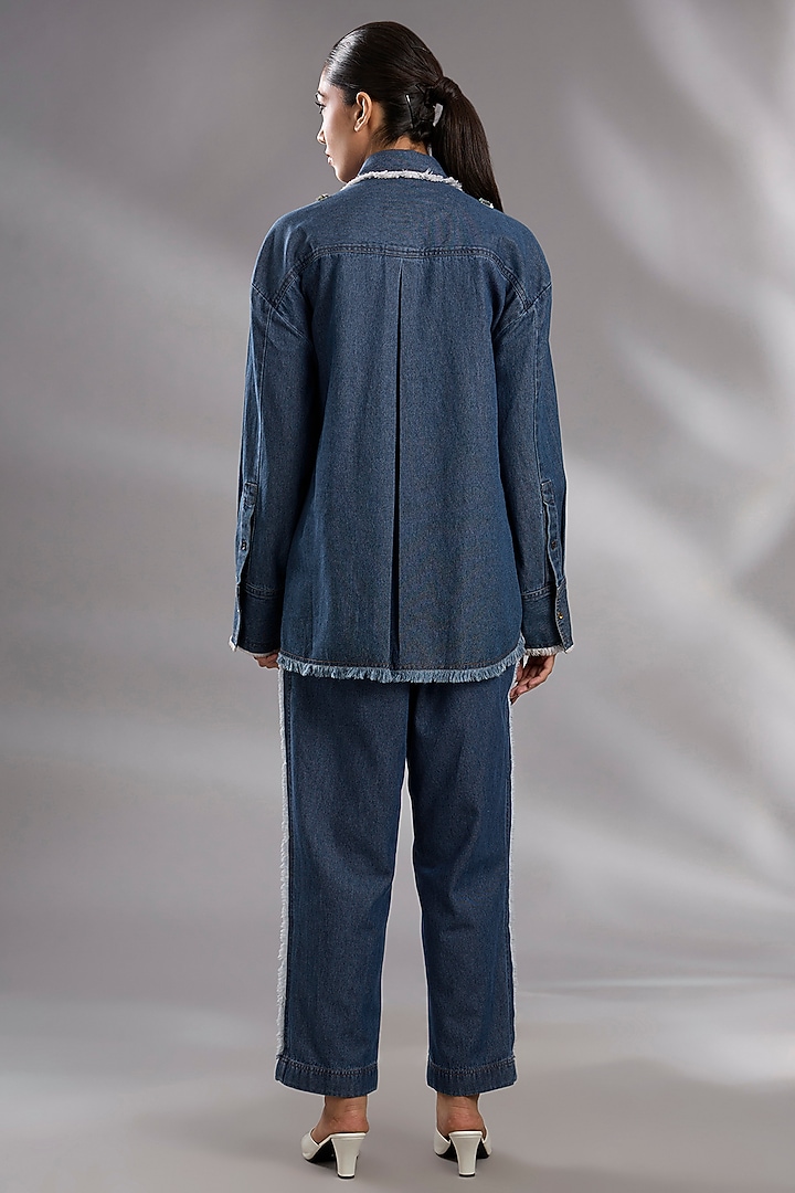 Blue Denim Sequin Embellished Shirt by GRAINE at Pernia's Pop Up Shop
