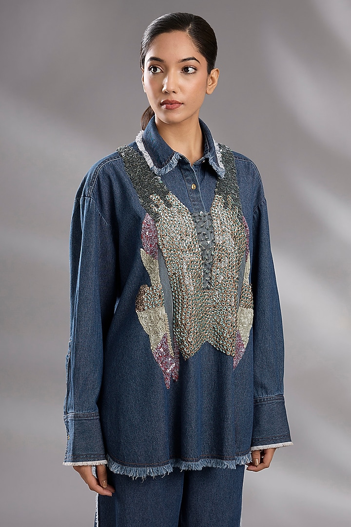 Blue Denim Sequin Embellished Shirt by GRAINE at Pernia's Pop Up Shop