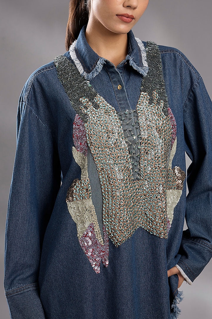 Blue Denim Sequin Embellished Shirt by GRAINE at Pernia's Pop Up Shop