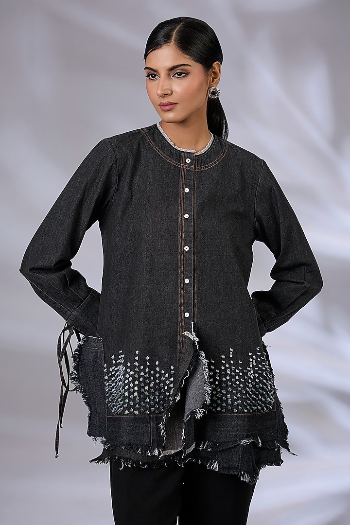 Black Denim Asymmetrical Layered Shirt by GRAINE at Pernia's Pop Up Shop