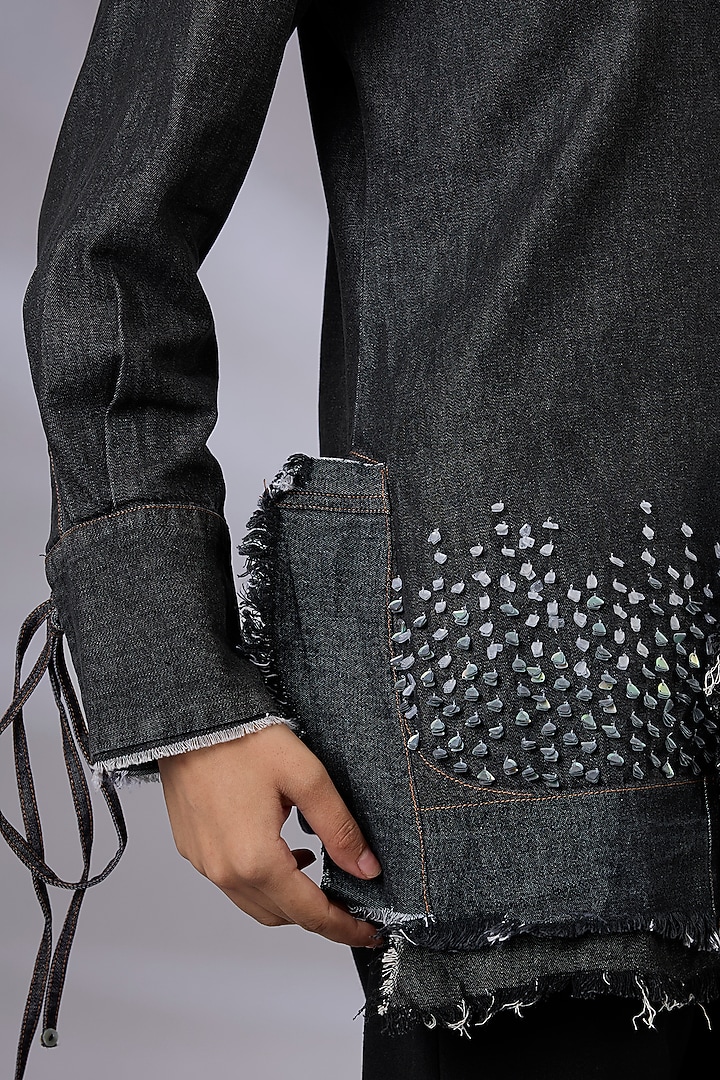 Black Denim Asymmetrical Layered Shirt by GRAINE at Pernia's Pop Up Shop