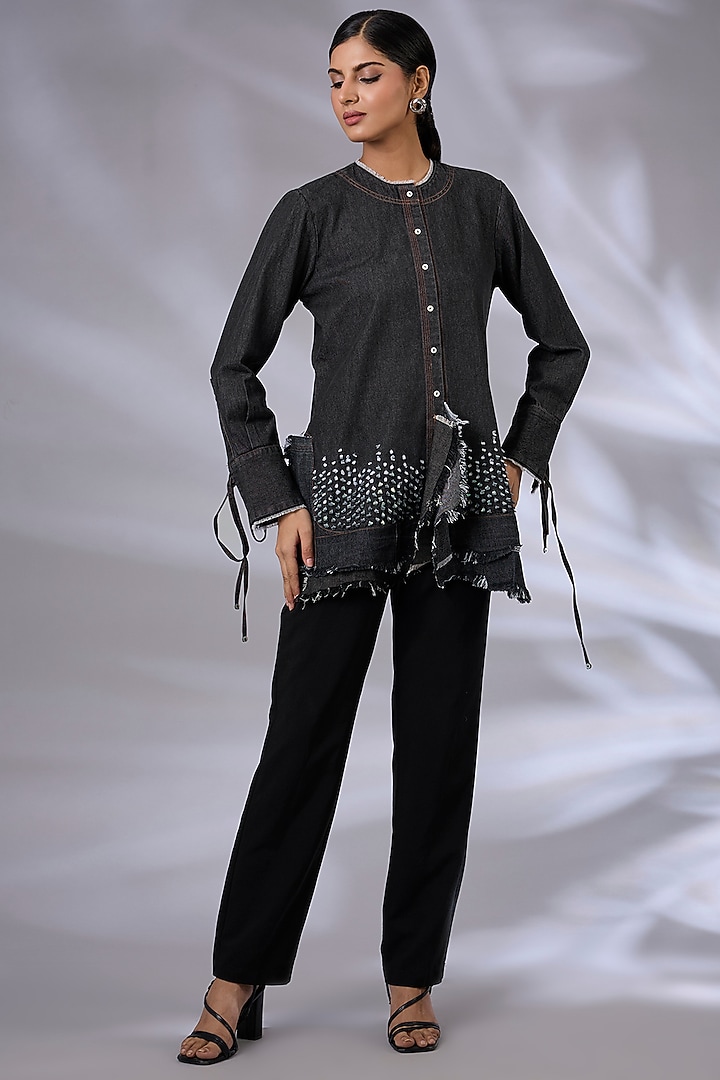 Black Denim Asymmetrical Layered Shirt by GRAINE at Pernia's Pop Up Shop
