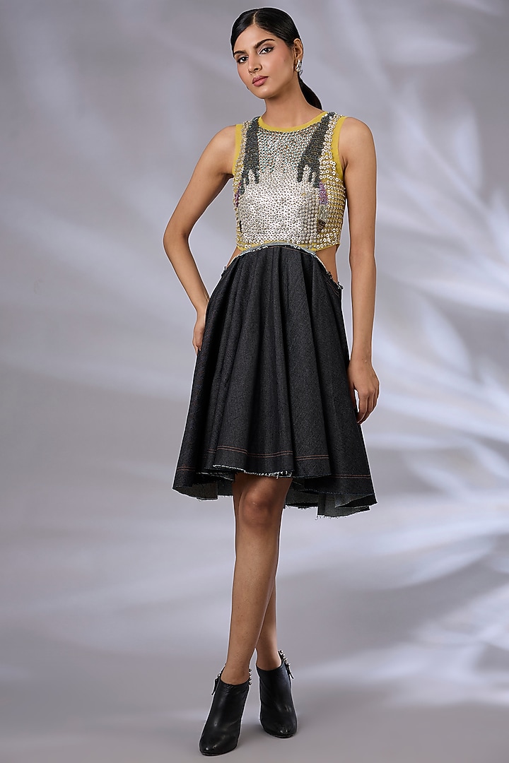 Lime & Black Denim & Mesh Sculpted Cocktail Dress by GRAINE at Pernia's Pop Up Shop