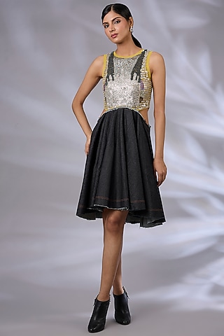 Lime & Black Denim & Mesh Sculpted Dress by GRAINE