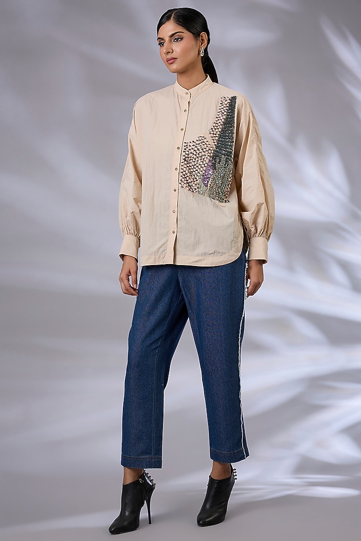 Skin & Blue Nylon Sequins Embroidered Co-Ord Set by GRAINE at Pernia's Pop Up Shop