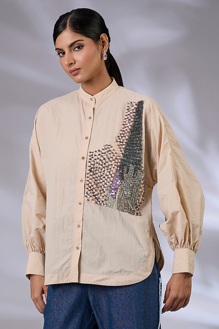 Skin & Blue Nylon Sequins Embroidered Co-Ord Set by GRAINE at Pernia's Pop Up Shop