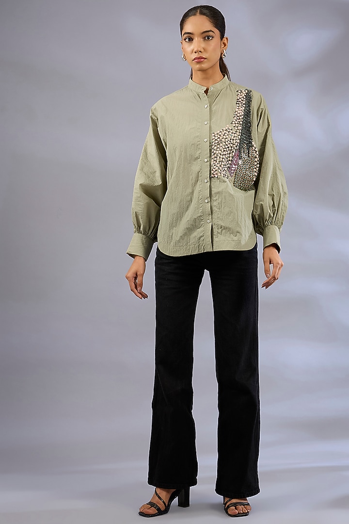 Sap Green Nylon Sequins Embroidered Shirt by GRAINE at Pernia's Pop Up Shop