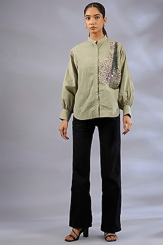 Sap Green Nylon Sequins Embroidered Shirt by GRAINE 
