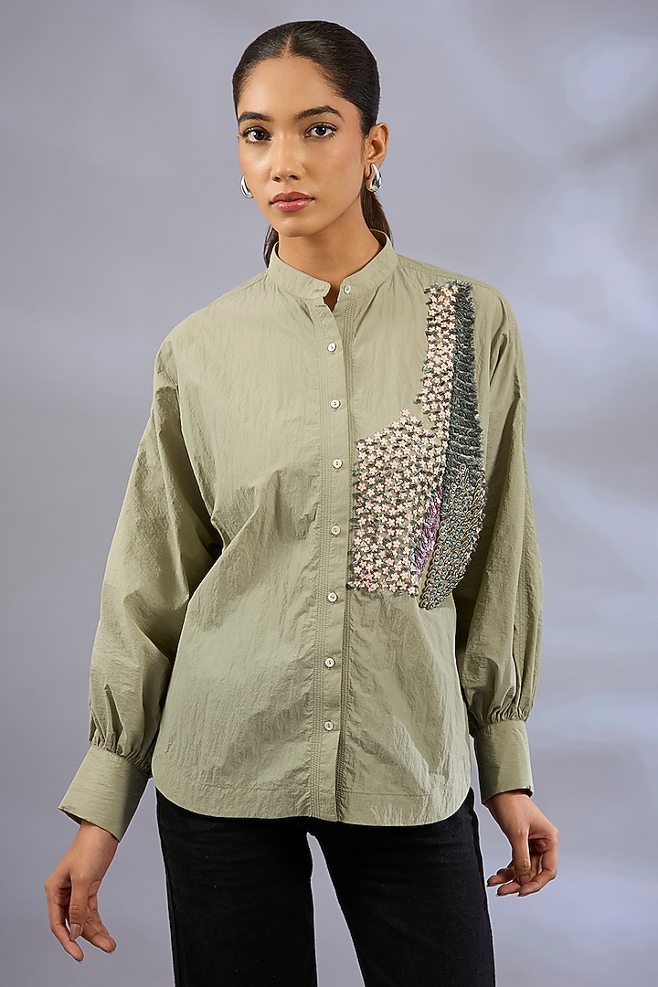 Sap Green Nylon Sequins Embroidered Shirt by GRAINE at Pernia's Pop Up Shop
