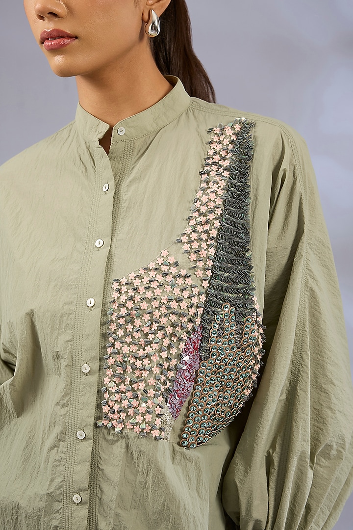 Sap Green Nylon Sequins Embroidered Shirt by GRAINE at Pernia's Pop Up Shop