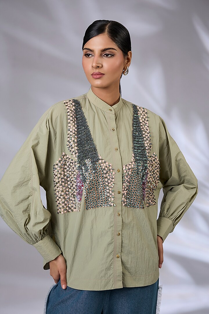 Sap Green Wind Textile Bloom Shirt by GRAINE at Pernia's Pop Up Shop