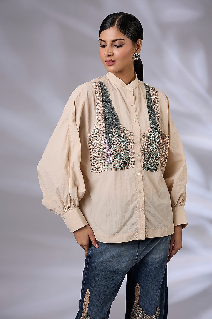 Beige Wind Textile Hand Embroidered Bloom Shirt by GRAINE at Pernia's Pop Up Shop