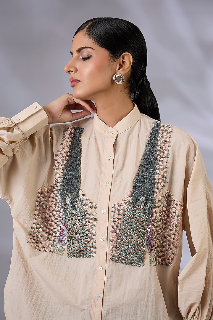 Beige Wind Textile Hand Embroidered Bloom Shirt by GRAINE at Pernia's Pop Up Shop
