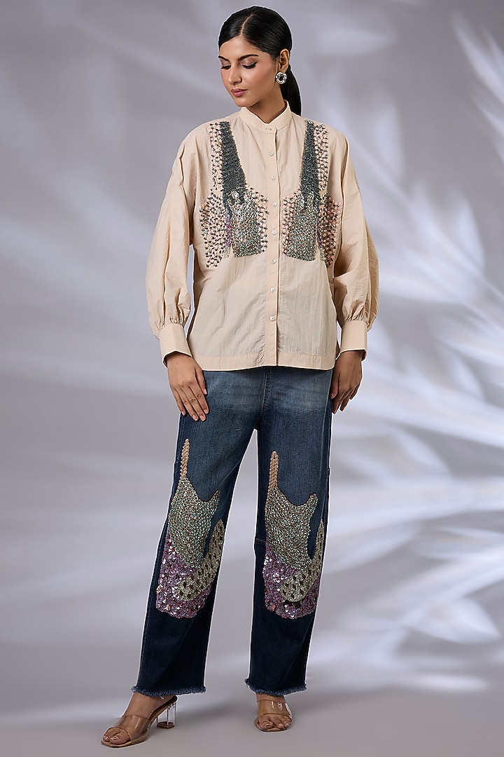 Beige Wind Textile Hand Embroidered Bloom Shirt by GRAINE at Pernia's Pop Up Shop