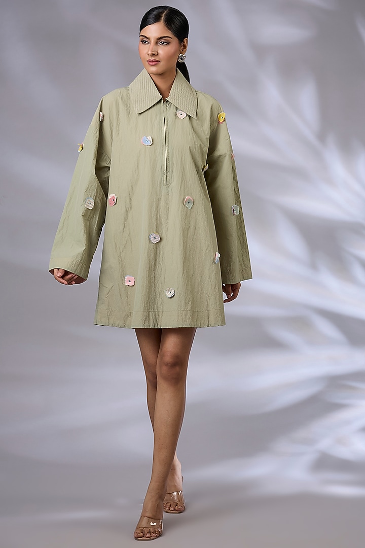 Sap Green Wind Textile Thread Quilted Oversize Vacation Dress by GRAINE at Pernia's Pop Up Shop