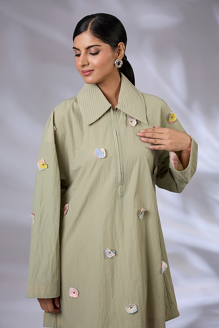 Sap Green Wind Textile Thread Quilted Oversize Vacation Dress by GRAINE at Pernia's Pop Up Shop