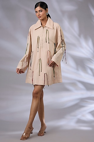 Beige Wind Textile Thread Quilted Oversize Dress by GRAINE