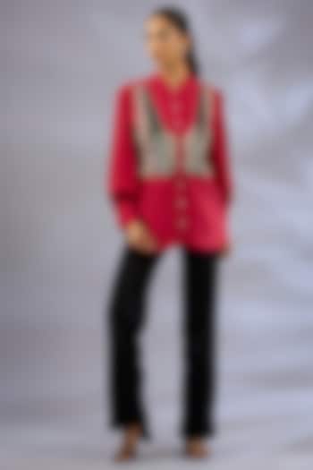 Red Silk Sequins Embroidered Shirt by GRAINE  at Pernia's Pop Up Shop