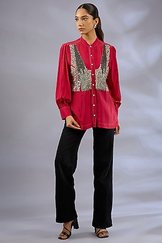 Red Silk Sequins Embroidered Shirt by GRAINE 
