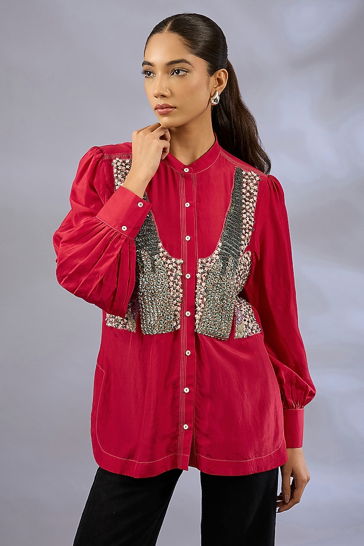 Red Silk Sequins Embroidered Shirt by GRAINE  at Pernia's Pop Up Shop