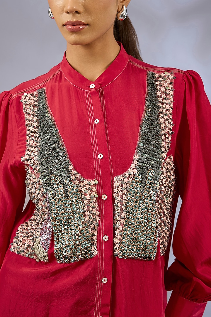 Red Silk Sequins Embroidered Shirt by GRAINE  at Pernia's Pop Up Shop