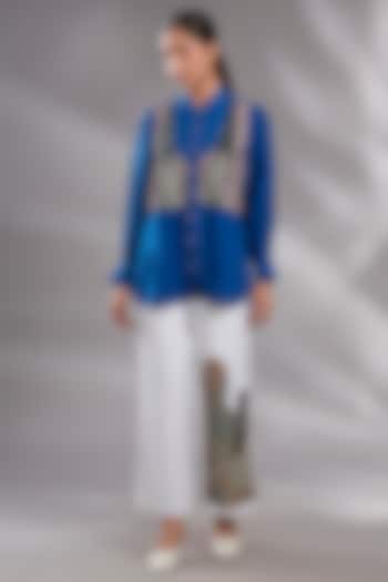 Electric Blue Silk Sequin Hand Embroidered Shirt by GRAINE at Pernia's Pop Up Shop
