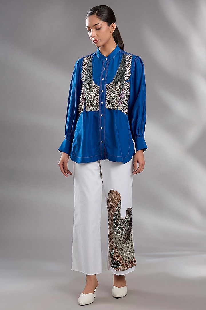 Electric Blue Silk Sequin Hand Embroidered Shirt by GRAINE at Pernia's Pop Up Shop