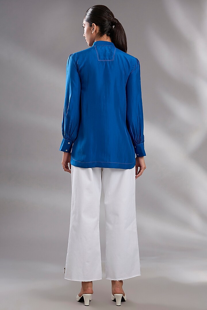 Electric Blue Silk Sequin Hand Embroidered Shirt by GRAINE at Pernia's Pop Up Shop