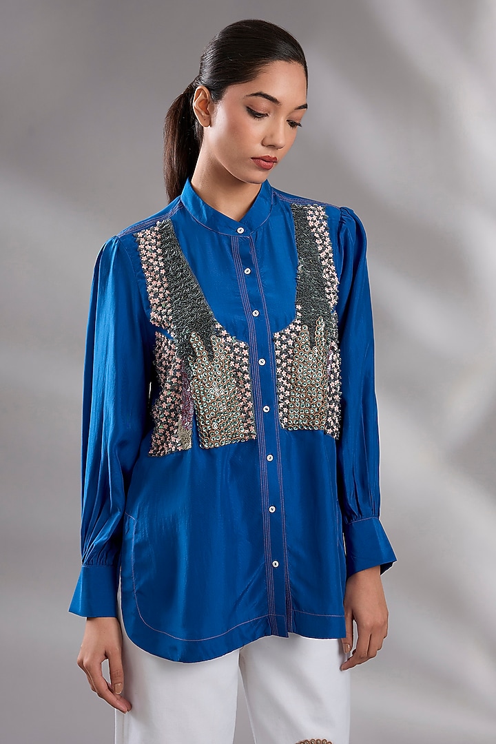 Electric Blue Silk Sequin Hand Embroidered Shirt by GRAINE at Pernia's Pop Up Shop