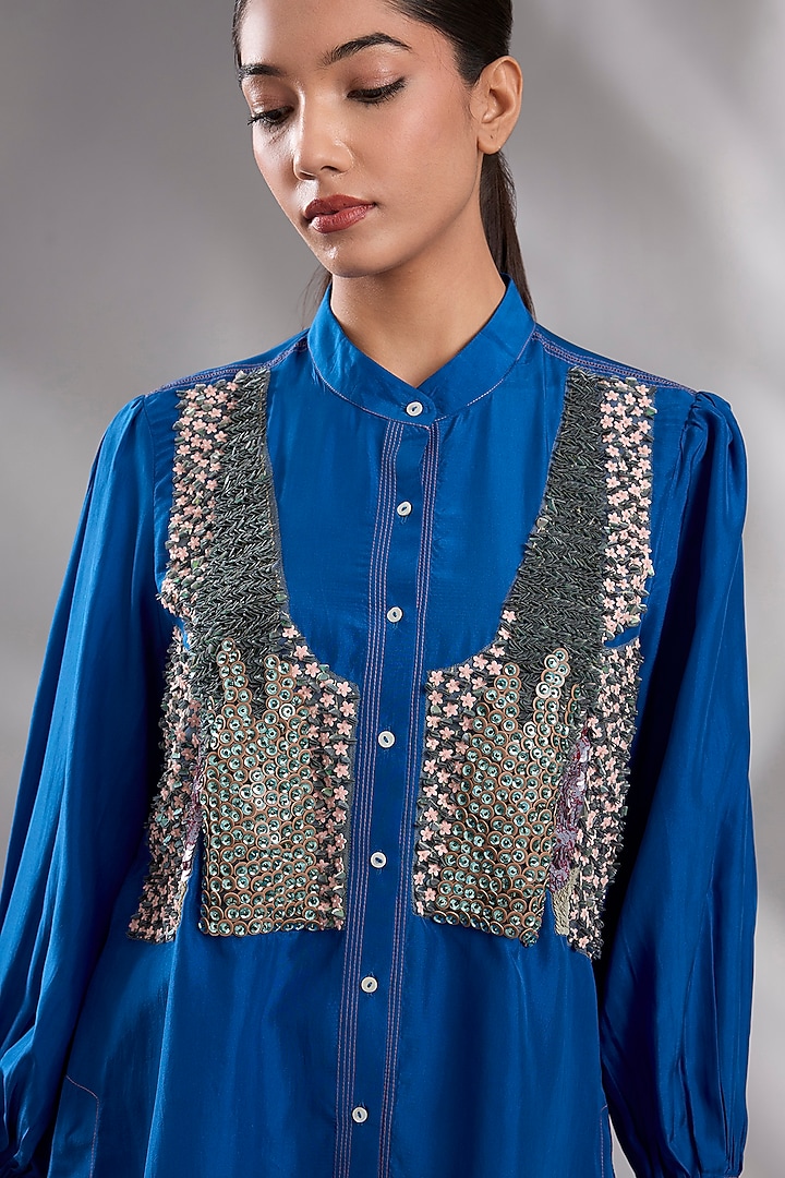 Electric Blue Silk Sequin Hand Embroidered Shirt by GRAINE at Pernia's Pop Up Shop