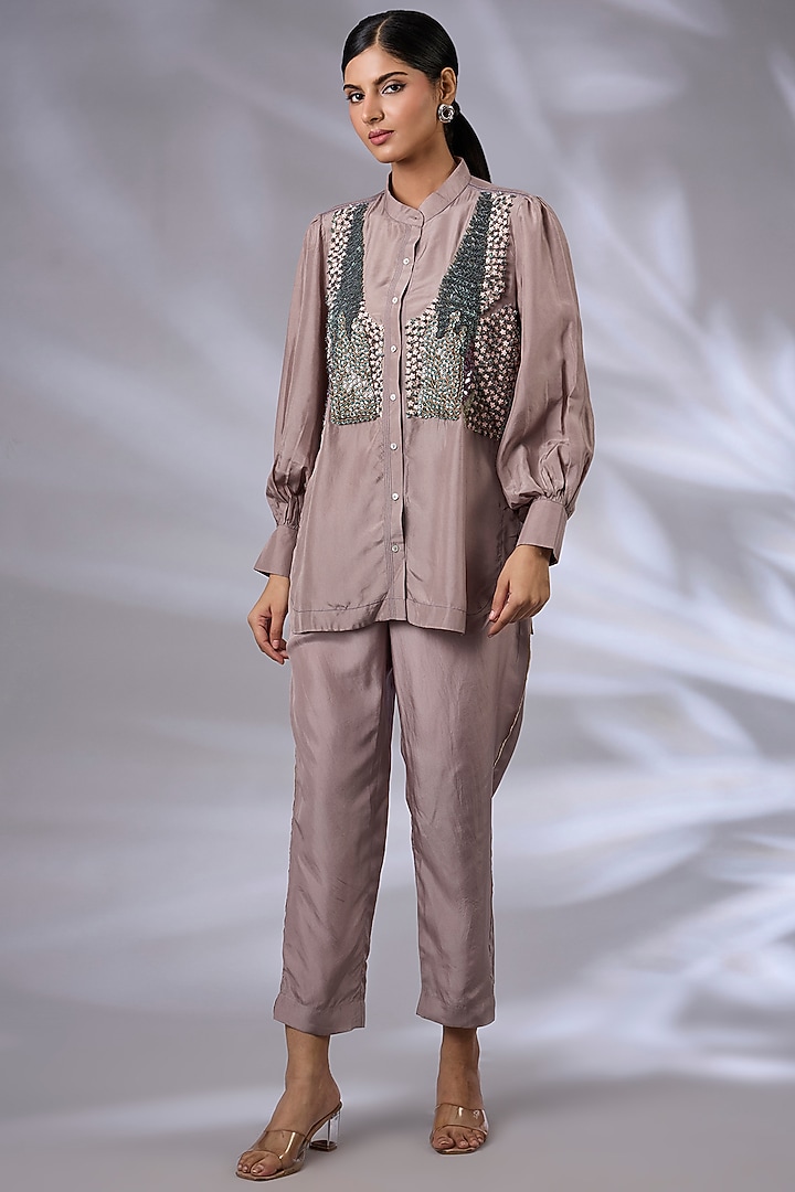 Ice Lavender Silk Hand Embroidered Co-Ord Set by GRAINE at Pernia's Pop Up Shop