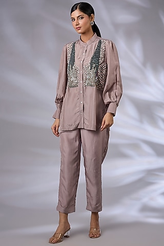 Ice Lavender Silk Hand Embroidered Co-Ord Set by GRAINE