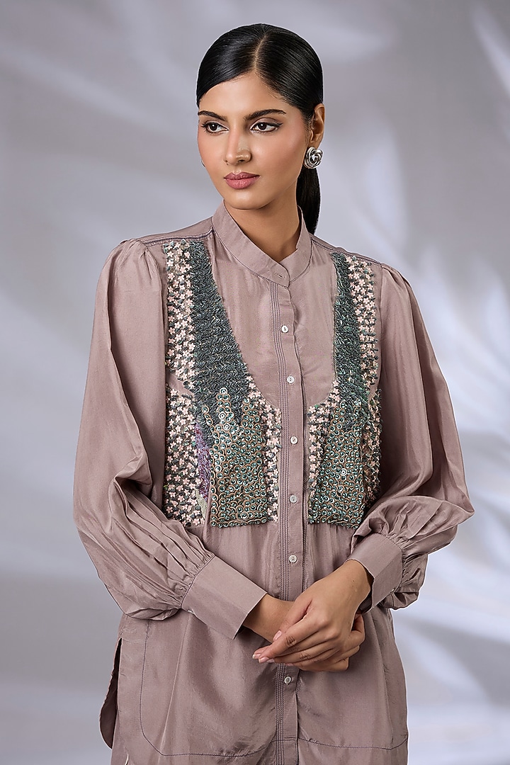 Ice Lavender Silk Hand Embroidered Co-Ord Set by GRAINE at Pernia's Pop Up Shop