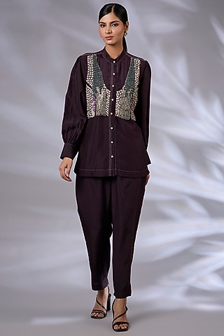 Black Currant Silk Hand Embroidered Co-Ord Set by GRAINE