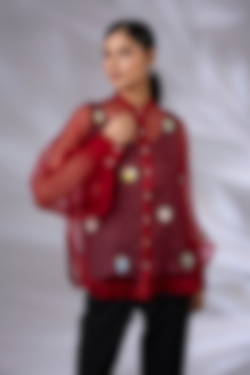 Berry Red Organza Floral Applique Shirt by GRAINE at Pernia's Pop Up Shop