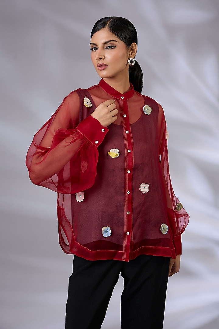 Berry Red Organza Floral Applique Shirt by GRAINE at Pernia's Pop Up Shop