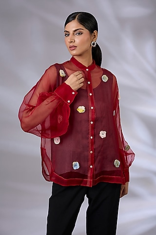 Berry Red Organza Floral Applique Shirt by GRAINE
