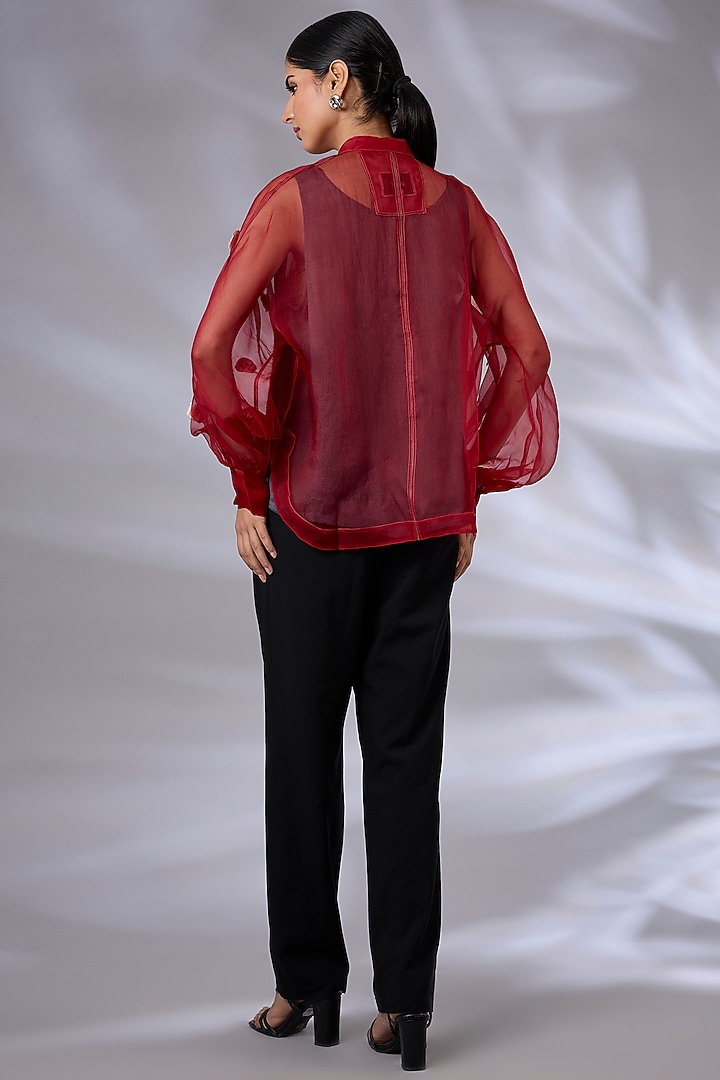 Berry Red Organza Floral Applique Shirt by GRAINE at Pernia's Pop Up Shop