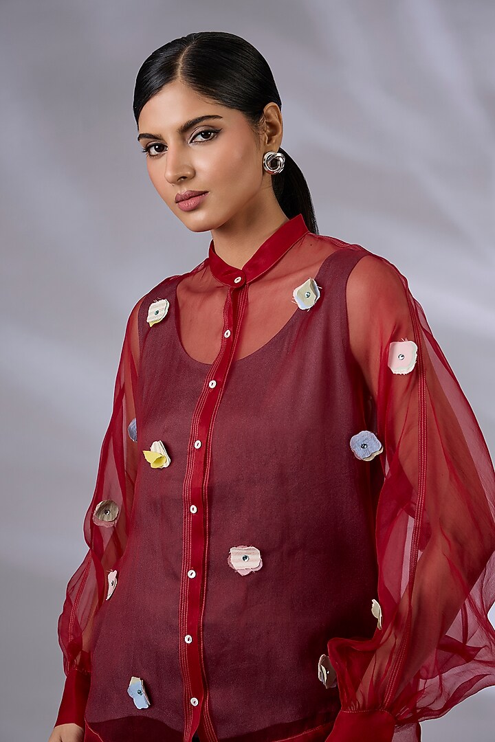 Berry Red Organza Floral Applique Shirt by GRAINE at Pernia's Pop Up Shop