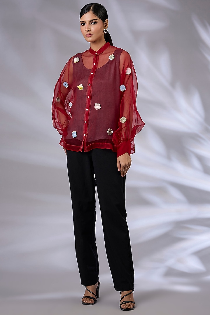 Berry Red Organza Floral Applique Shirt by GRAINE at Pernia's Pop Up Shop