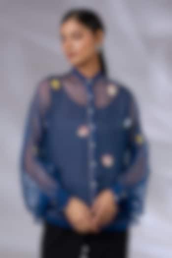 Electric Blue Organza Floral Applique Shirt by GRAINE at Pernia's Pop Up Shop