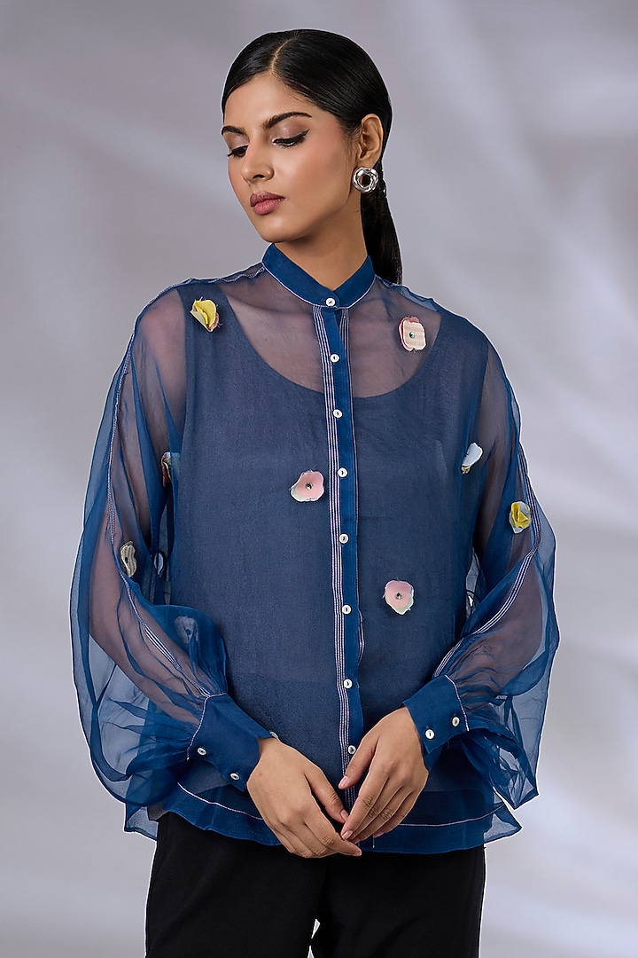 Electric Blue Organza Floral Applique Shirt by GRAINE at Pernia's Pop Up Shop