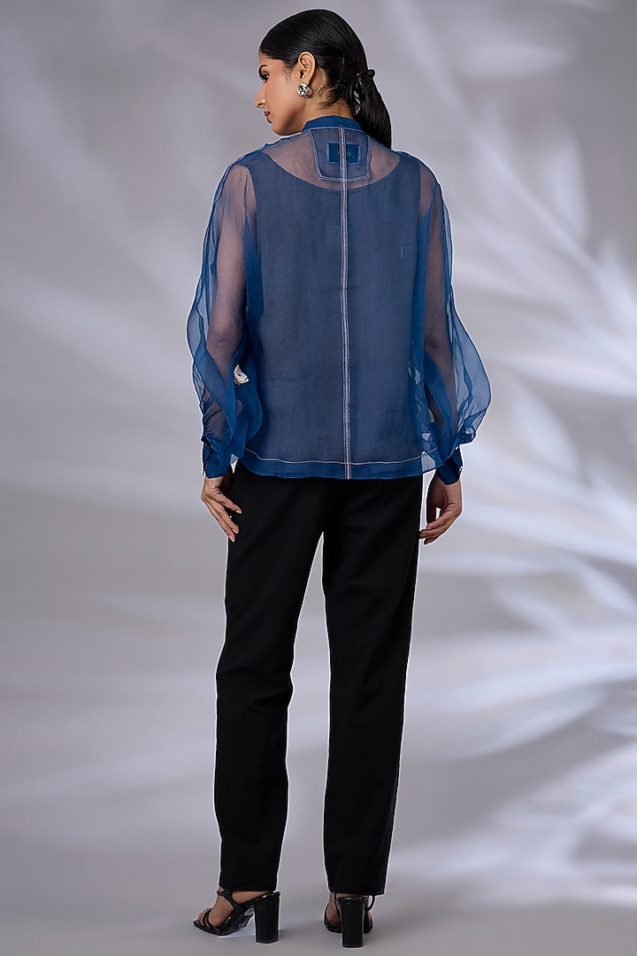 Electric Blue Organza Floral Applique Shirt by GRAINE at Pernia's Pop Up Shop