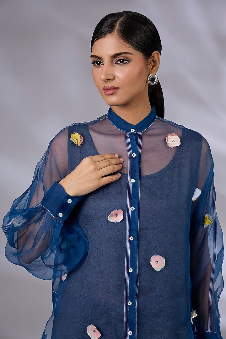 Electric Blue Organza Floral Applique Shirt by GRAINE at Pernia's Pop Up Shop
